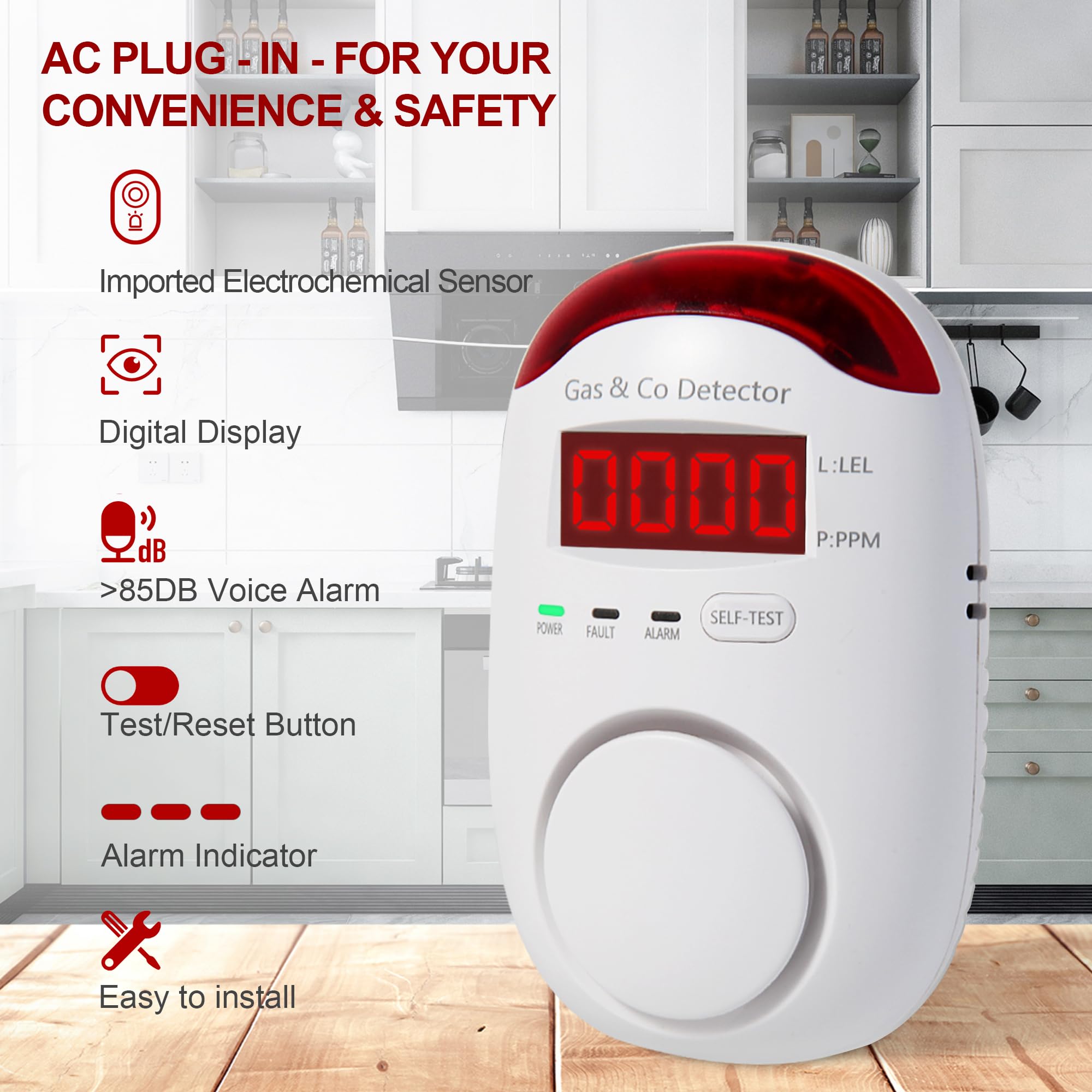 Co Detector Plug - Combinatie van gas- en koolmonoxidemeters, stekkermodel,